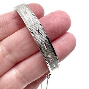 Vintage Silver Tone Roget Etched Bangle Bracelet with Safety Chain W Germany